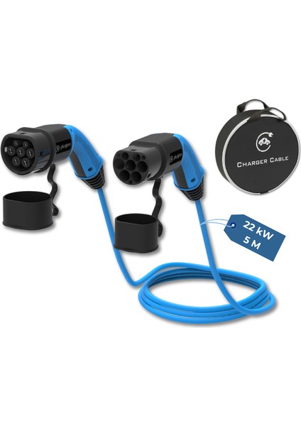 Elektrikli Araç Mavi Şarj Kablosu AC / Tip2 / 5 metre / 22KW / 32A / Taşıma Çantalı