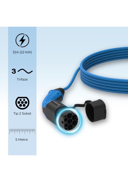 Elektrikli Araç Mavi Şarj Kablosu AC / Tip2 / 5 metre / 22KW / 32A / Taşıma Çantalı fiyatları