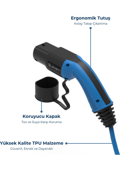 Elektrikli Araç Mavi Şarj Kablosu AC / Tip2 / 5 metre / 22KW / 32A / Taşıma Çantalı indirimleri