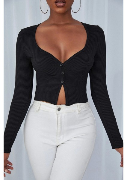 Kadın Siyah Uzun Kollu Düğmeli Göğüs ve Göbek Dekolteli Crop Top Bluz