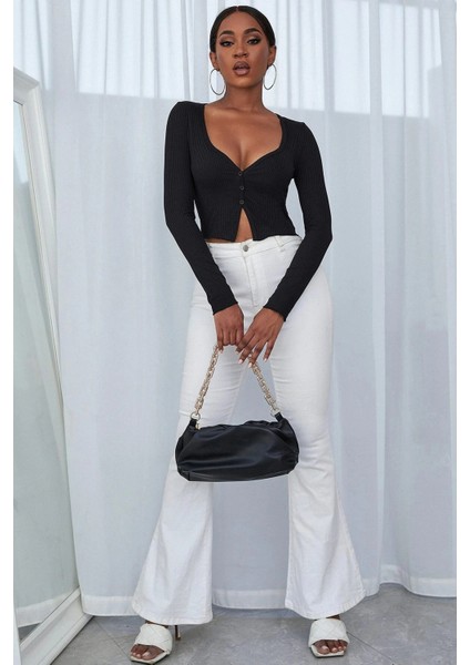 Kadın Siyah Uzun Kollu Düğmeli Göğüs ve Göbek Dekolteli Crop Top Bluz modelleri
