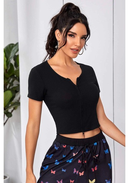 Kadın Siyah Çift Fermuarlı Yarım Kol Crop Top Bluz indirimleri