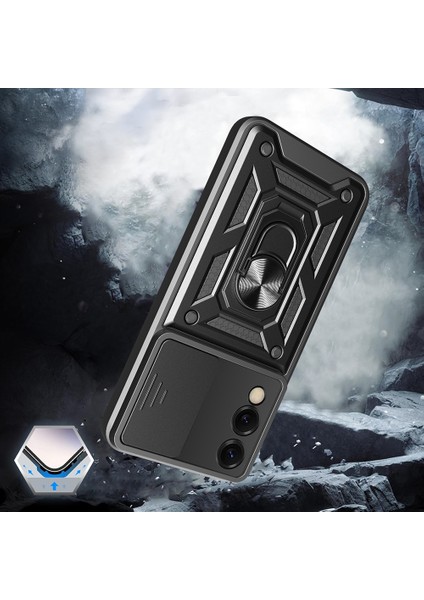 Galaxy S25 Edge Kılıf Magnetik Standlı Kamera Korumalı Sys Sürgülü Vega Kapak - Siyah indirimleri