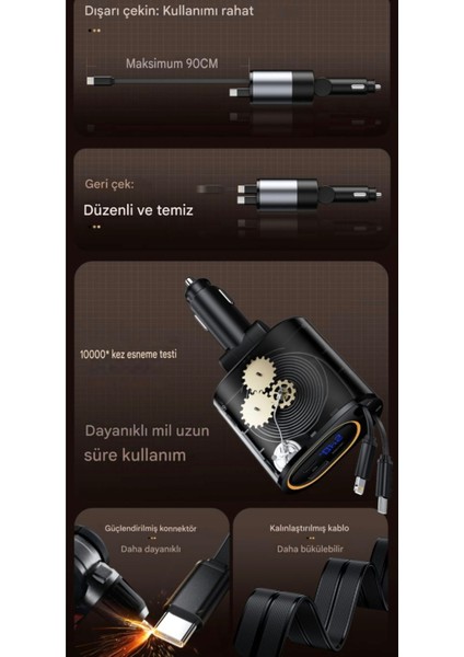 45W 4'ü 1'Arada Geri Çekilebilir Kablolu Type-C+İphone Lightning+Usb Araç Şarj Cihazı Hızlı CE+Rohs Lisanslı Orjinal Sağlam modelleri