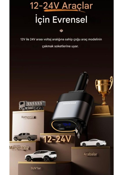 45W 4'ü 1'Arada Geri Çekilebilir Kablolu Type-C+İphone Lightning+Usb Araç Şarj Cihazı Hızlı CE+Rohs Lisanslı Orjinal Sağlam fırsatları