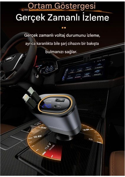 45W 4'ü 1'Arada Geri Çekilebilir Kablolu Type-C+İphone Lightning+Usb Araç Şarj Cihazı Hızlı CE+Rohs Lisanslı Orjinal Sağlam indirimleri