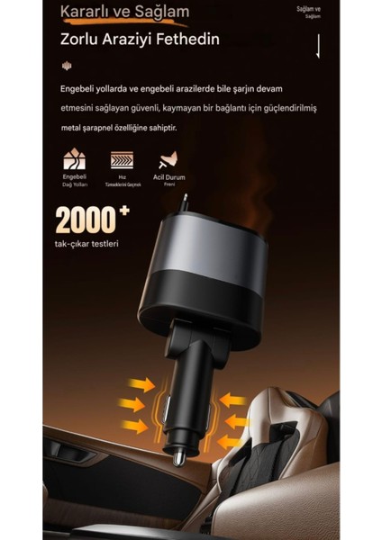 45W 4'ü 1'Arada Geri Çekilebilir Kablolu Type-C+İphone Lightning+Usb Araç Şarj Cihazı Hızlı CE+Rohs Lisanslı Orjinal Sağlam