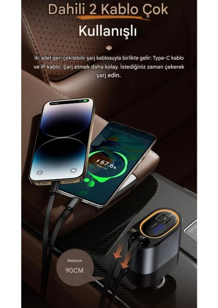 45W 4'ü 1'Arada Geri Çekilebilir Kablolu Type-C+İphone Lightning+Usb Araç Şarj Cihazı Hızlı CE+Rohs Lisanslı Orjinal Sağlam