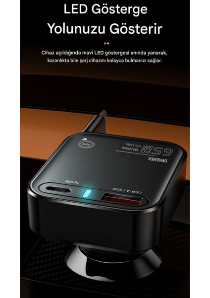 65W 3'ü 1'Arada Geri Çekilebilir Kablolu Type-C+Usb Araç Şarj Cihazı Hızlı CE+Rohs Lisanslı Orjinal Sağlam modelleri