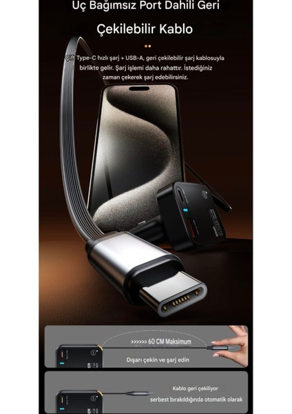 65W 3'ü 1'Arada Geri Çekilebilir Kablolu Type-C+Usb Araç Şarj Cihazı Hızlı CE+Rohs Lisanslı Orjinal Sağlam