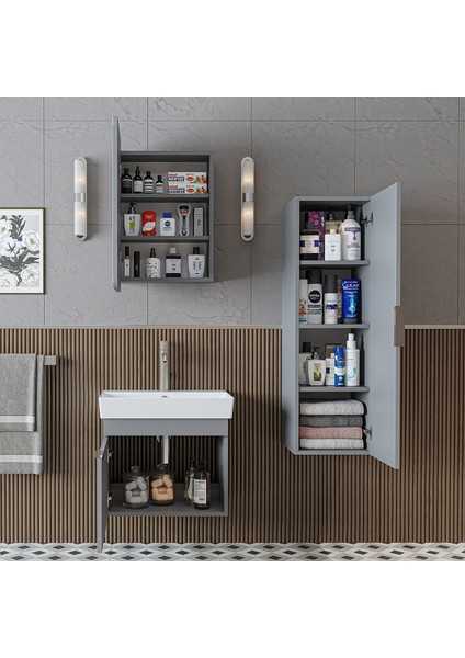 Likya Mdflam Kapaklı Lavabolu 60 cm Banyo Alt Dolabı + Banyo Üst Dolabı + Banyo Boy Dolabı modelleri