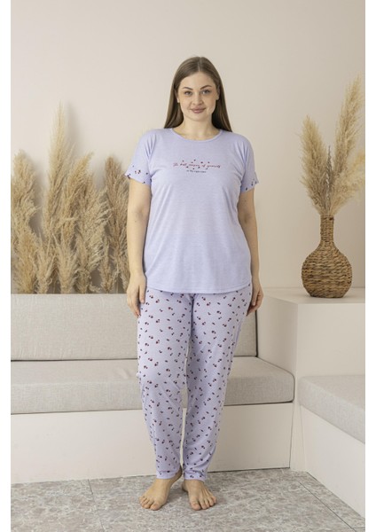 Kadın Yazlık Desenli Kısa Kollu Viskon Battal Pijama Takımı