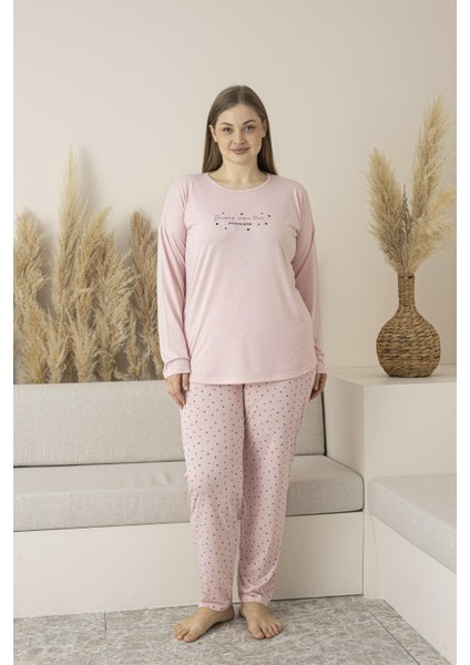 Kadın Yazlık Puantiyeli Uzun Kollu Viskon Battal Pijama Takımı