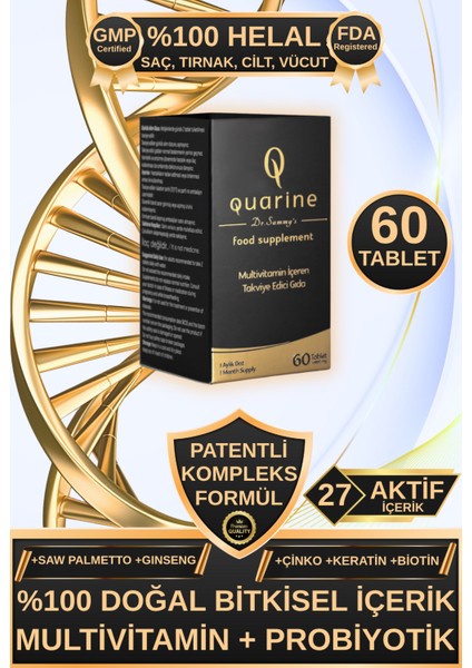 Quarine Saç, Tırnak, Cilt ve Vücut Vitamini (60 Tablet) Dökülme ve Yıpranma Karşıtı Keratin, Biotin, Bitkisel Kök Hücre Extratları,Ginseng ve Multivitamin İçeren Diyet Takviyesi