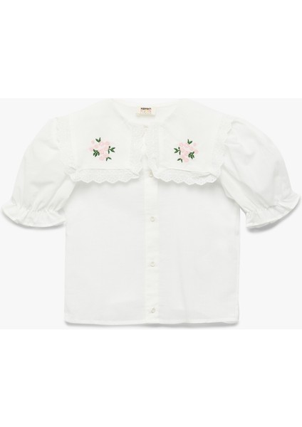 Pamuklu Çiçek Işlemeli Bebe Yaka Balon Kollu Gömlek