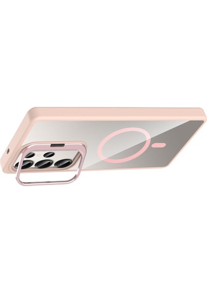 Samsung Galaxy S25 Ultra Kılıf Standlı ve Kamera Lens Hediyeli M-Safe Şarj Özellikli Prl Etro Kapak - Pembe