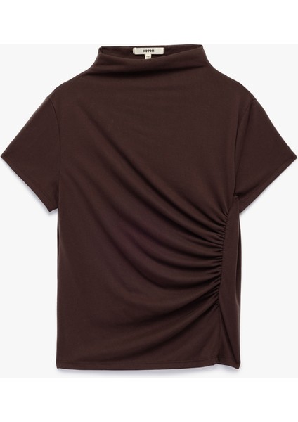 Slim Fit Büzgülü Kısa Kollu Dik Yaka Bluz