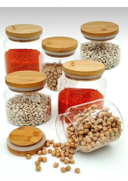 6'lı Vakumlu Bambu Kapaklı 500 ml Cam Baharat ve Bakliyat Kavanozu Seti