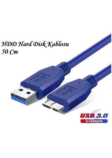 USB 3.0 HDD Harddisk Taşınabilir Hard Disk Kablosu / Mavi 50 Cm / Micro Usb-B / Hızlı Veri Aktarımı