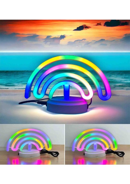 Gökkuşağı Neon Gece Lambası Renkli LED Işıklı Masaüstü Lamba Usb'li & Pilli Dekoratif Konsept Set
