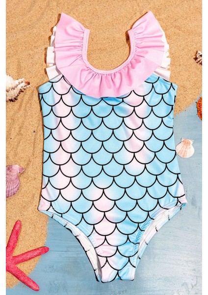 Kız Çocuk Fırfır Detaylı Balık Sırtı Desenli Mayo