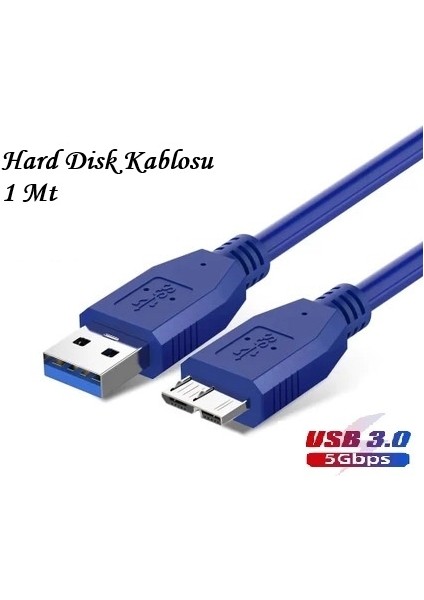 USB 3.0 HDD Harddisk Taşınabilir Hard Disk Kablosu / Mavi 1 Metre / Micro Usb-B / Hızlı Veri Aktarımı
