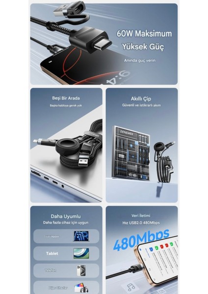 5'i 1 arada Usb-A/Tip-C'den Tip-C'ye/İphone Lighttning/ Watch Saat/PD 65W Hızlı Şarj iPhone Serisi Android Serisi MacBook iPad Tablet Dizüstü Bilgisayar fiyatları