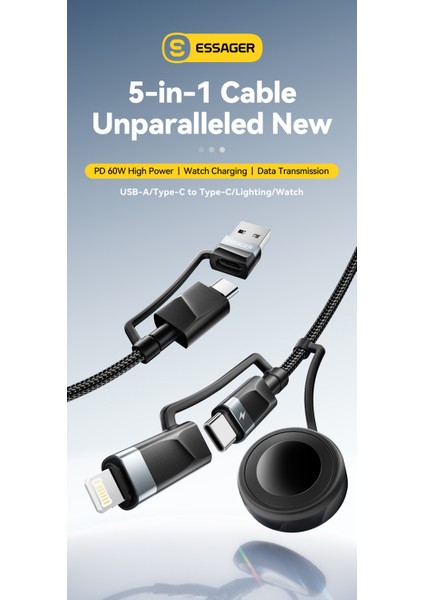 5'i 1 arada Usb-A/Tip-C'den Tip-C'ye/İphone Lighttning/ Watch Saat/PD 65W Hızlı Şarj iPhone Serisi Android Serisi MacBook iPad Tablet Dizüstü Bilgisayar