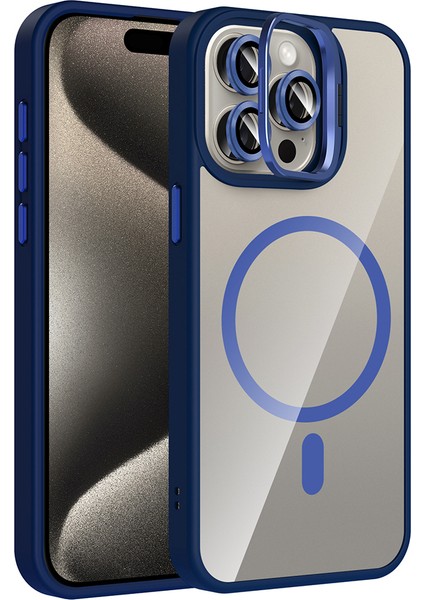 Apple iPhone 15 Pro Max Kılıf Standlı ve Kamera Lens Hediyeli M-Safe Şarj Özellikli Prl Etro Kapak – Lacivert
