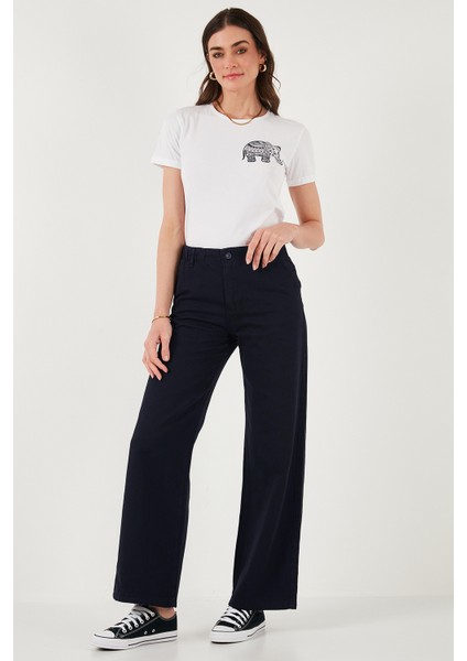 Pamuklu Standart Fit Yüksek Bel Geniş Paça Pantolon Bayan Pantolon 668YP5344
