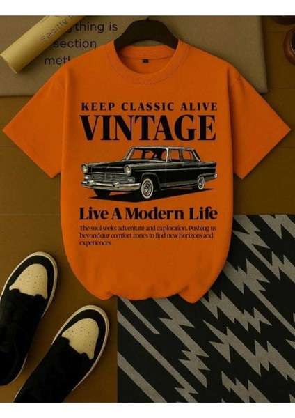 Malkocbey Vintage Araba Baskılı Oversize Basic O Yaka T-Shirt
