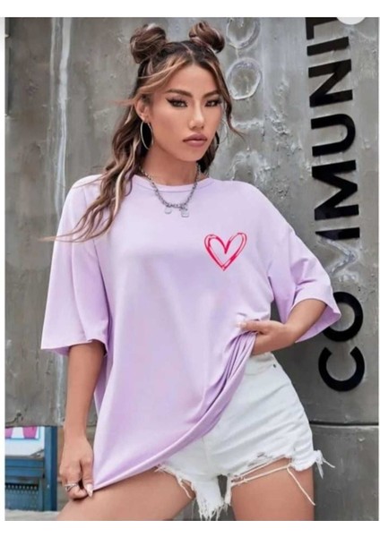 Maloçbey Lila Renk Baskılı Oversize Unisex Basic O Yaka T-Shirt