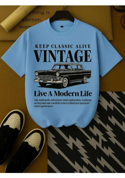 Malkocbey Vintage Araba Baskılı Oversize Basic O Yaka T-Shirt