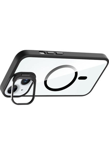 iPhone 15 Kılıf Standlı ve Kamera Lens Hediyeli M-Safe Şarj Özellikli Sah Etro Kapak - Lacivert
