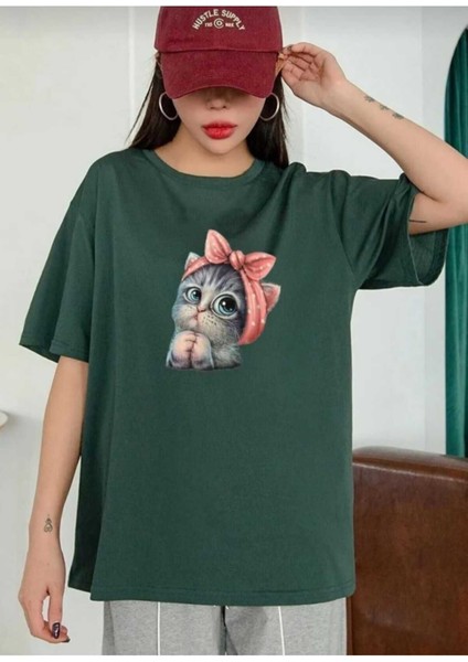 Sevimli Kedi Baskılı Oversize Basic O Yaka Unisex T-Shirt