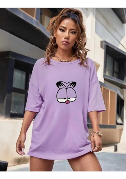 Maloçbey Lila Renk Baskılı Oversize Unisex Basic O Yaka T-Shirt