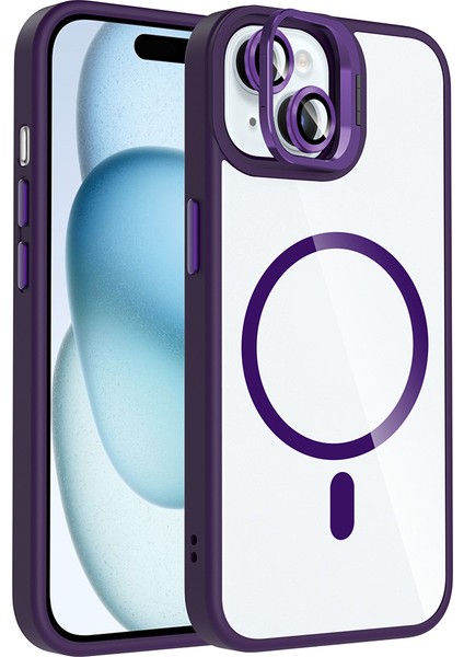 iPhone 15 Kılıf Standlı ve Kamera Lens Hediyeli M-Safe Şarj Özellikli Sah Etro Kapak - Derin Mor