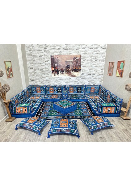 Şark Köşesi Milas Desenli Minder, Kilim, Orta Puf Takımı Konsept Mavi