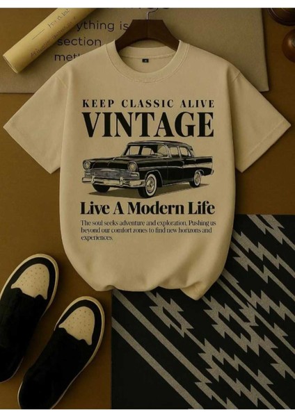 Malkocbey Vintage Araba Baskılı Oversize Basic O Yaka T-Shirt