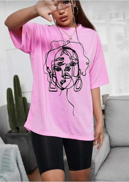 Malkoçbey Kadın Yüz Figür Detaylı Basic Oversize Unisex T-Shirt