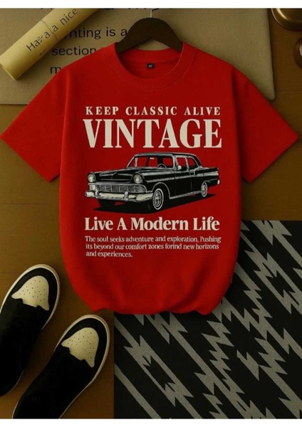 Malkocbey Vintage Araba Baskılı Oversize Basic O Yaka T-Shirt