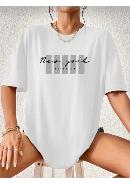 Malkoçbey Newyork Broklıyn Baskılı Oversize Unisex Basic T-Shirt