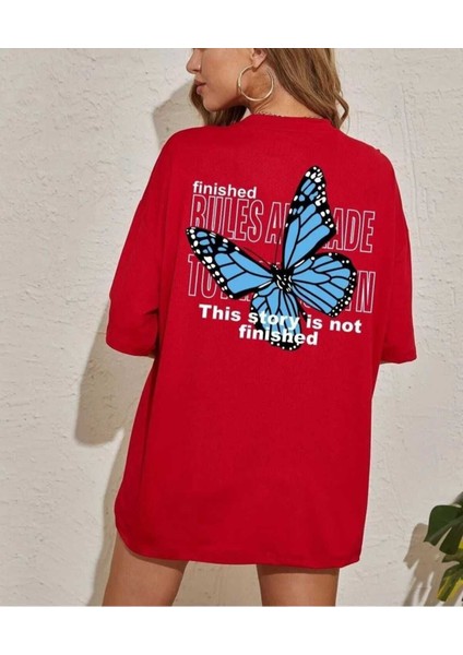 Malkoçbey Mavi Sırt Kelebek Baskılı Oversize Unisex Basic T-Shirt