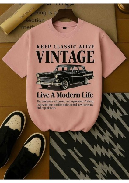 Malkocbey Vintage Araba Baskılı Oversize Basic O Yaka T-Shirt