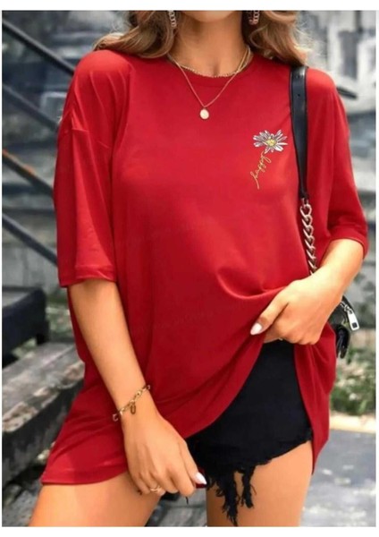 Malkoçbey Papatya Baskılı Oversize Unisex Basic T-Shirt