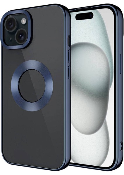 Apple iPhone 15 Plus Kılıf Tek Kamera Çerçeveli Logo Gösteren Kflg Omega Kapak-Lacivert