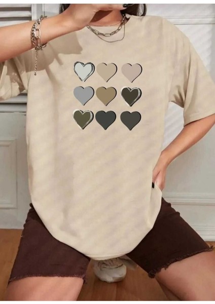 Malkoçbey Kalp Baskılı Oversize Unisex Basic T-Shirt