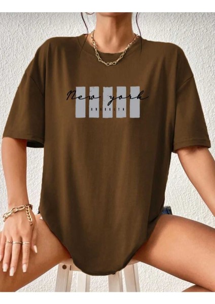 Malkoçbey Newyork Broklıyn Baskılı Oversize Unisex Basic T-Shirt