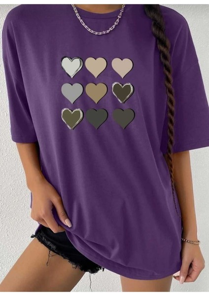 Malkoçbey Kalp Baskılı Oversize Unisex Basic T-Shirt