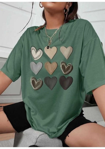 Malkoçbey Kalp Baskılı Oversize Unisex Basic T-Shirt